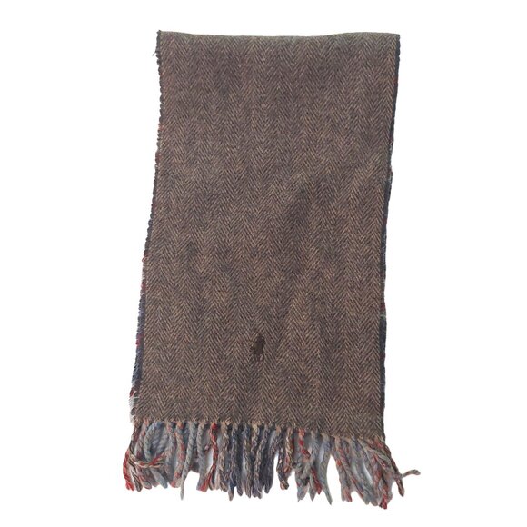 POLO Ralph Lauren Brown Tweed Blue Plaid Reversible Scarf Embroidered Polo Logo - Picture 4 of 6